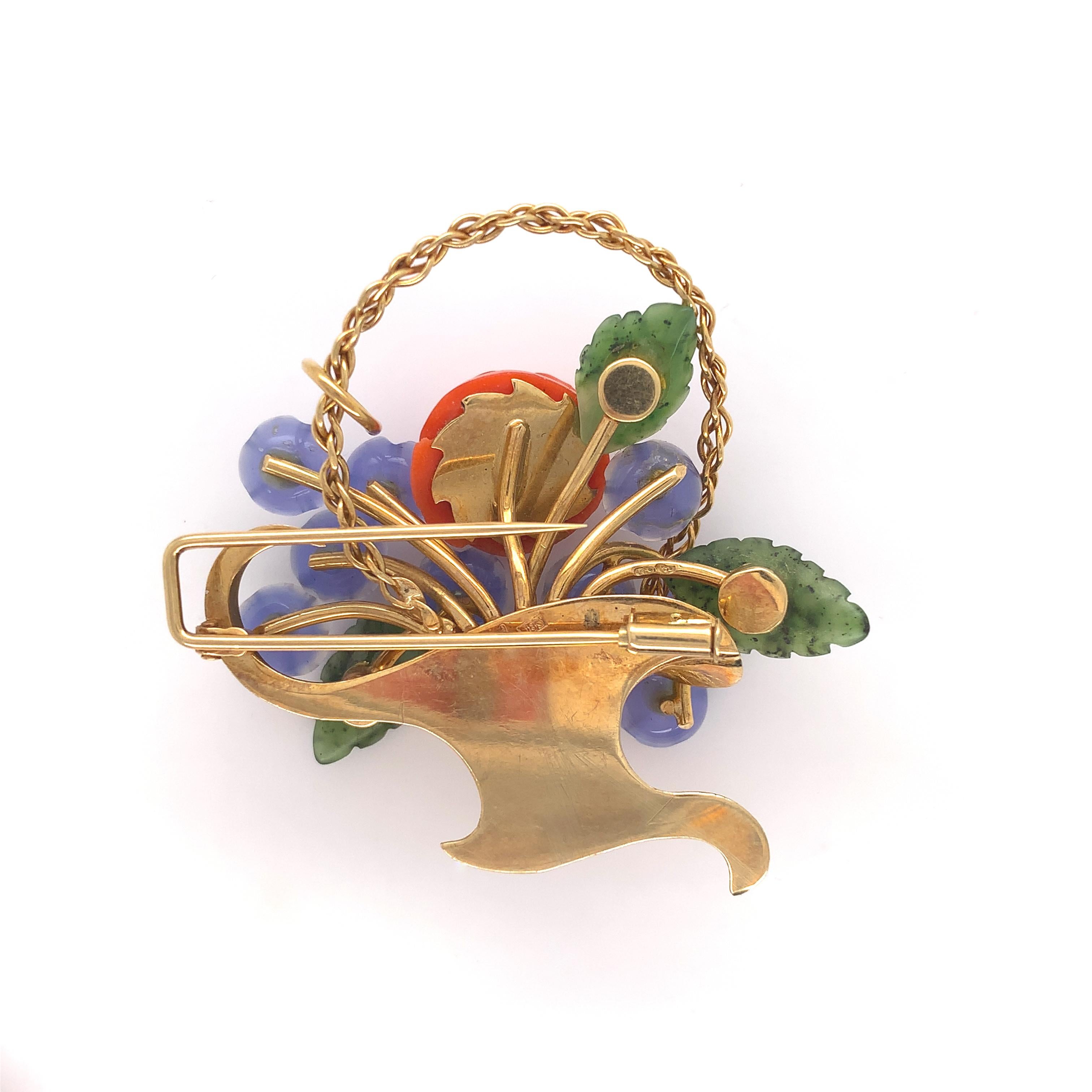 Women's 14K Carved Coral and Chalcedony Flower and Jade Leaf Flower Basket Pin For Sale