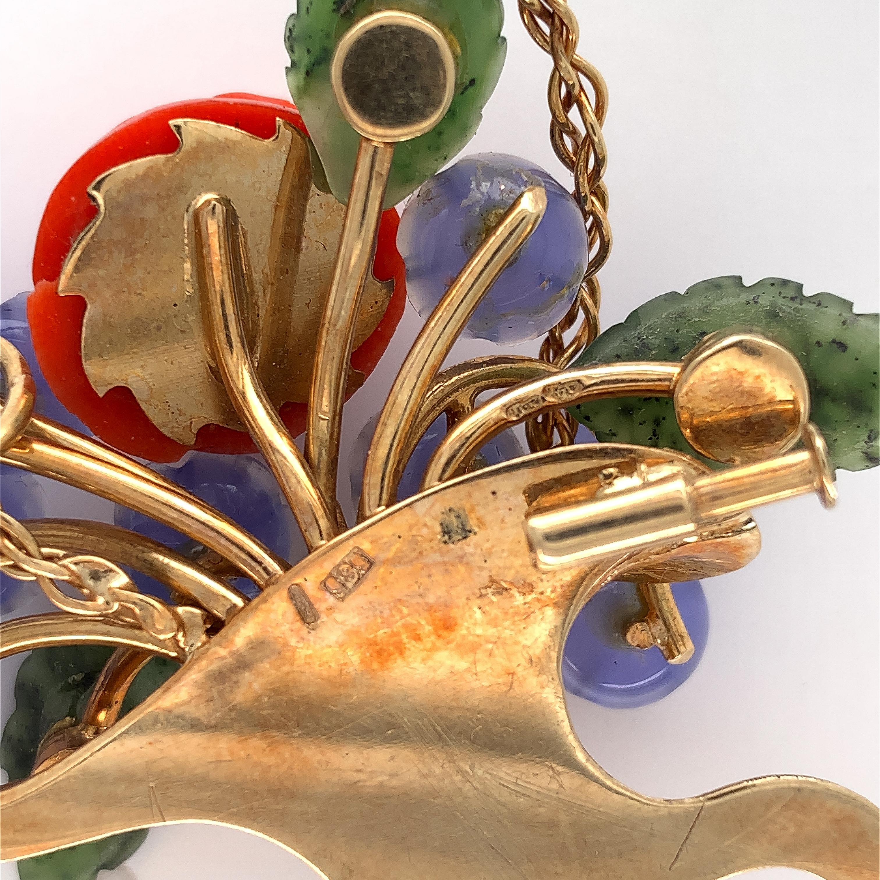 14K Carved Coral and Chalcedony Flower and Jade Leaf Flower Basket Pin For Sale 1