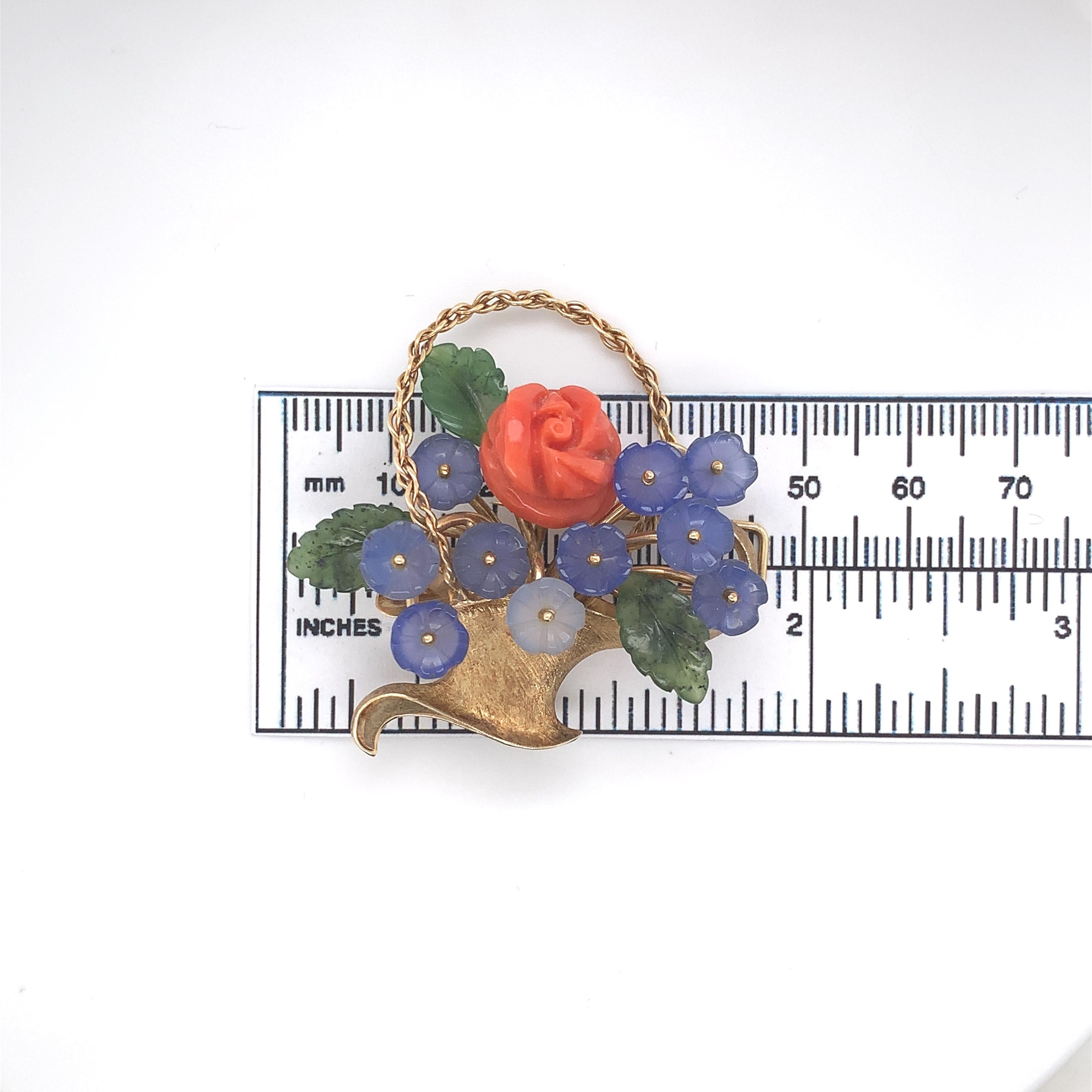 14K Carved Coral and Chalcedony Flower and Jade Leaf Flower Basket Pin For Sale 2