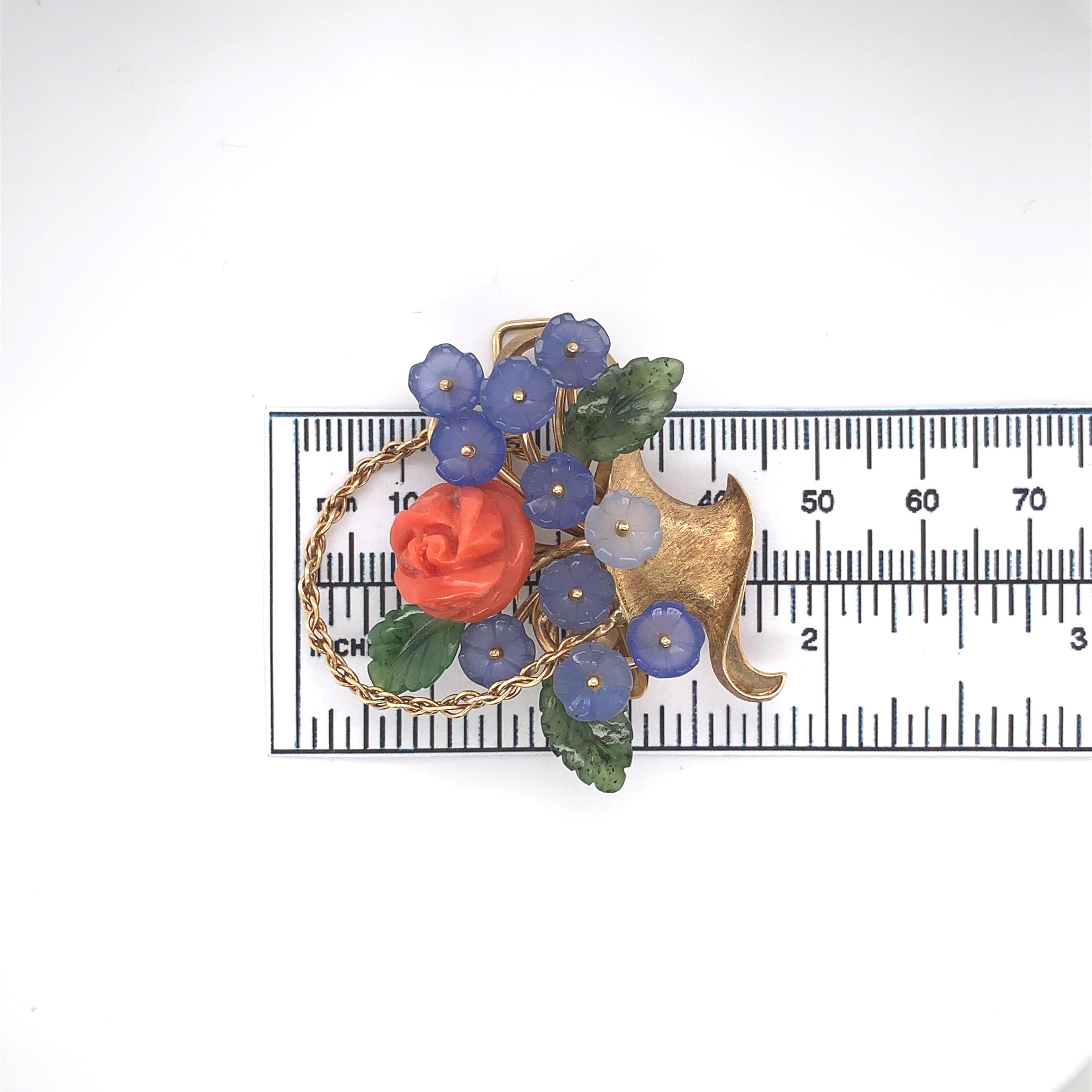 14K Carved Coral and Chalcedony Flower and Jade Leaf Flower Basket Pin For Sale 3