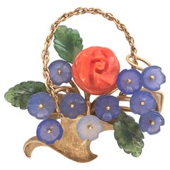 14K Carved Coral and Chalcedony Flower and Jade Leaf Flower Basket Pin