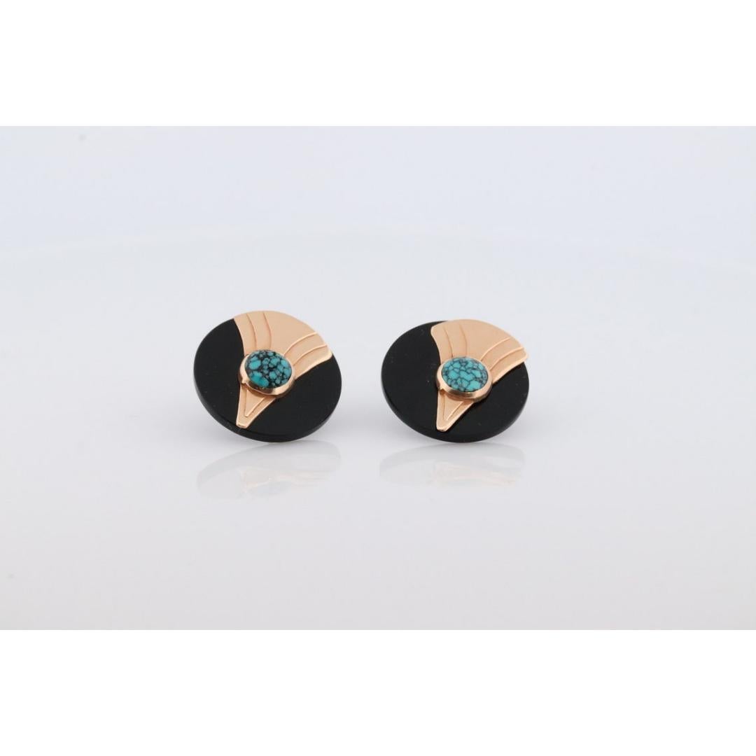 Boucles d'oreilles 14k en Onyx sculpté. Boucles d'oreilles en Onyx et Turquoise 14k. Bon état - En vente à Port Charlotte, FL