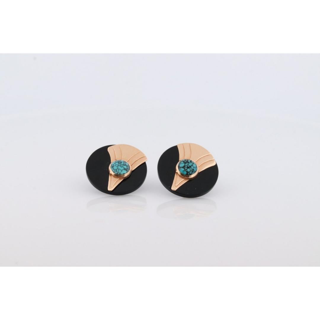 Boucles d'oreilles 14k en Onyx sculpté. Boucles d'oreilles en Onyx et Turquoise 14k. Pour femmes en vente