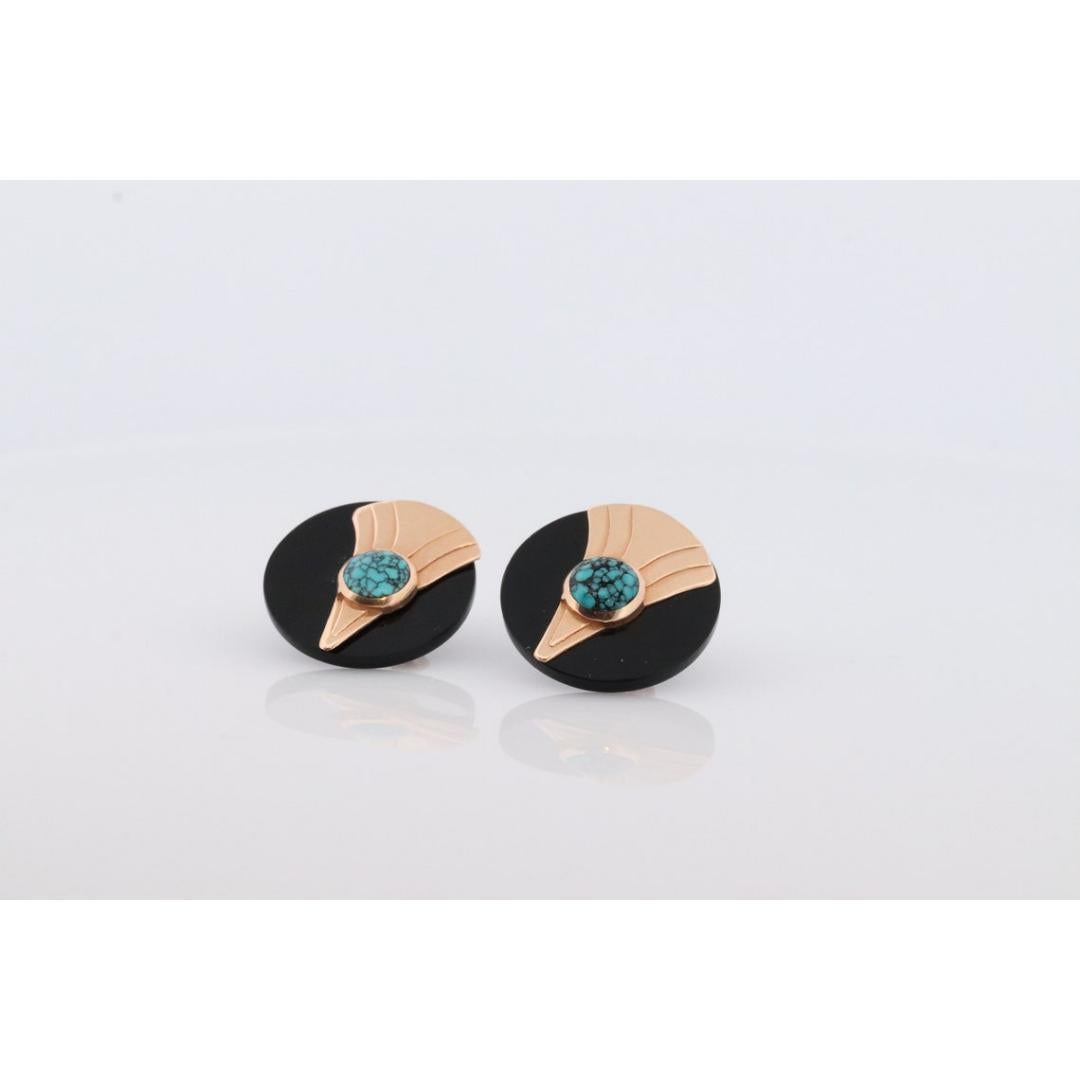 Boucles d'oreilles 14k en Onyx sculpté. Boucles d'oreilles en Onyx et Turquoise 14k. en vente 1