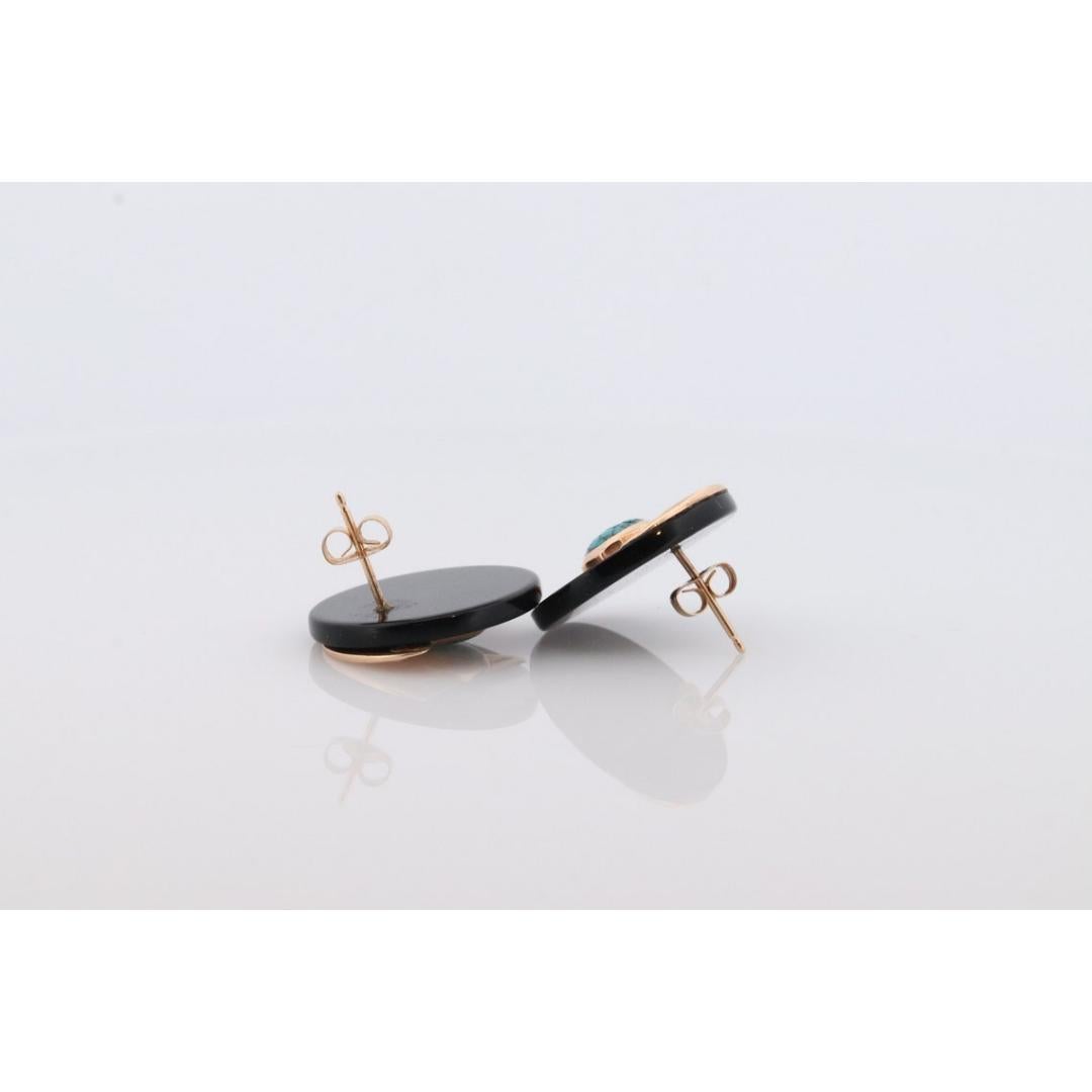 Boucles d'oreilles 14k en Onyx sculpté. Boucles d'oreilles en Onyx et Turquoise 14k. en vente 2