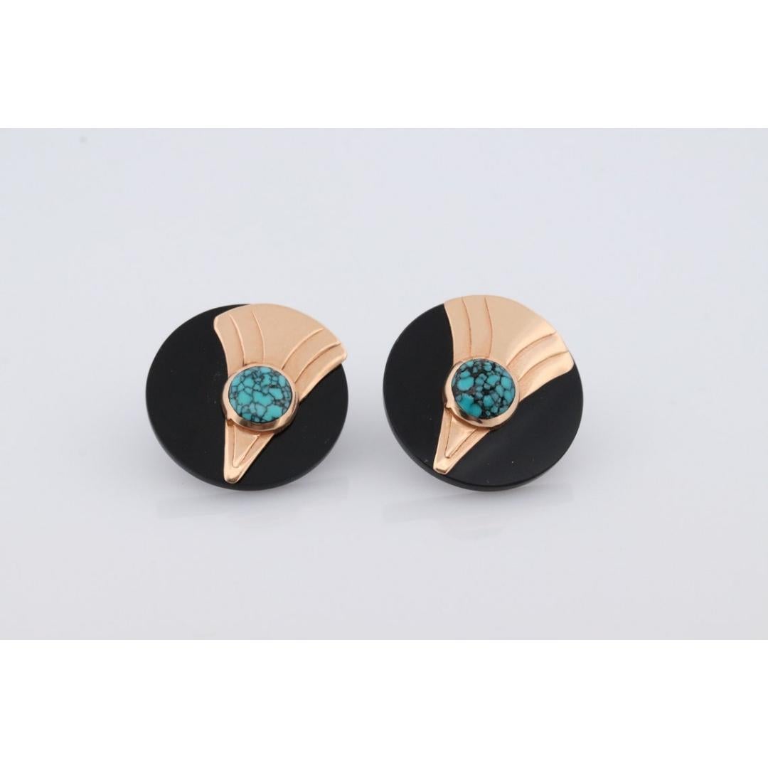 Boucles d'oreilles 14k en Onyx sculpté. Boucles d'oreilles en Onyx et Turquoise 14k. en vente 3