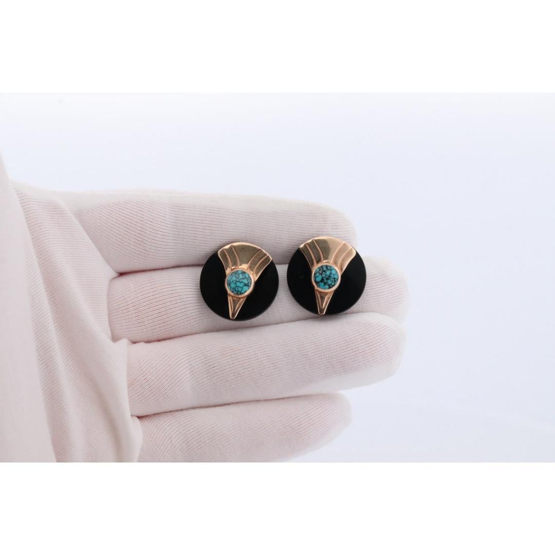 Boucles d'oreilles 14k en Onyx sculpté. Boucles d'oreilles en Onyx et Turquoise 14k. en vente 4