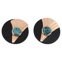 14k Carved Onyx Round Earrings. 14k Onyx and Turquoise bezel set earrings