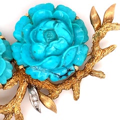 14K Carved Turquoise Chrysanthemum Flower Pin