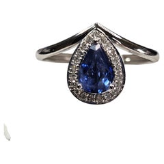 14k Certified White Gold Saphir und Diamant Cocktail / Verlobungsring.