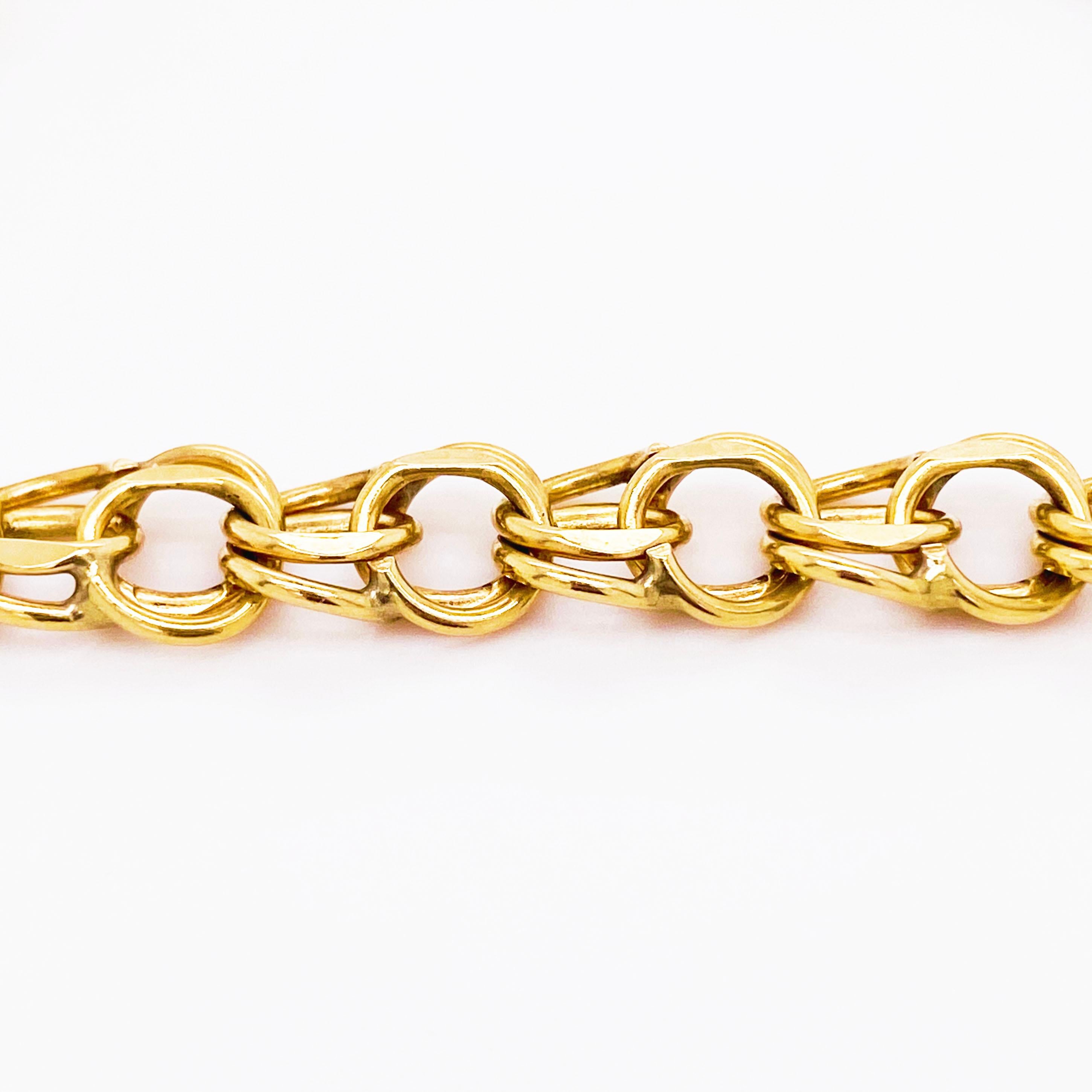 14k Charm Bracelet, 14K Yellow Gold, Handmade Estate, Link Bracelet, Heart Clasp In Excellent Condition In Austin, TX