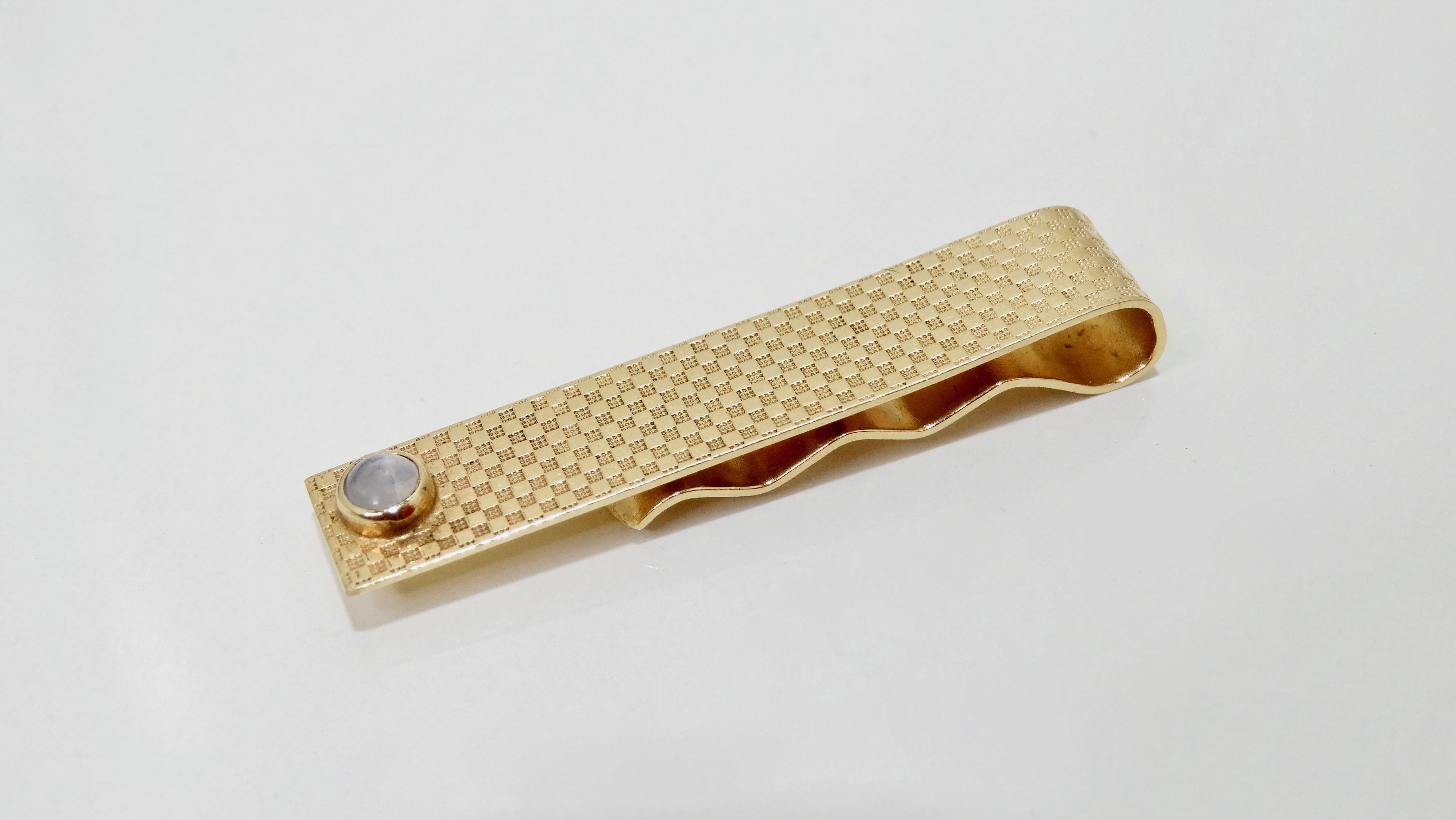 Cabochon 14k Checkered Gold Star Sapphire Tie Clip   For Sale