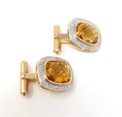 Boutons de manchette pour hommes en or jaune massif 14 carats avec citrine et diamants signés