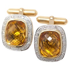 14k Citrine Diamond Cufflinks Solid Yellow Gold Cuff Links Men's Jewelry Signed