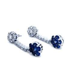 14 Karat 0.62 Ct Diamond/2.12 CT Cluster Sapphire Dangling Earrings