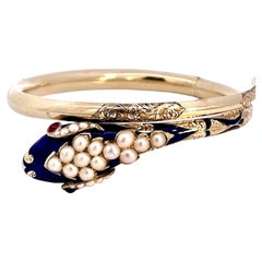 14K Cobalt Blue Enamel Snake Bracelet with Pearls