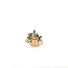 14K Gold Watering Can Charm with Emerald, Sapphire, Ruby Accents
