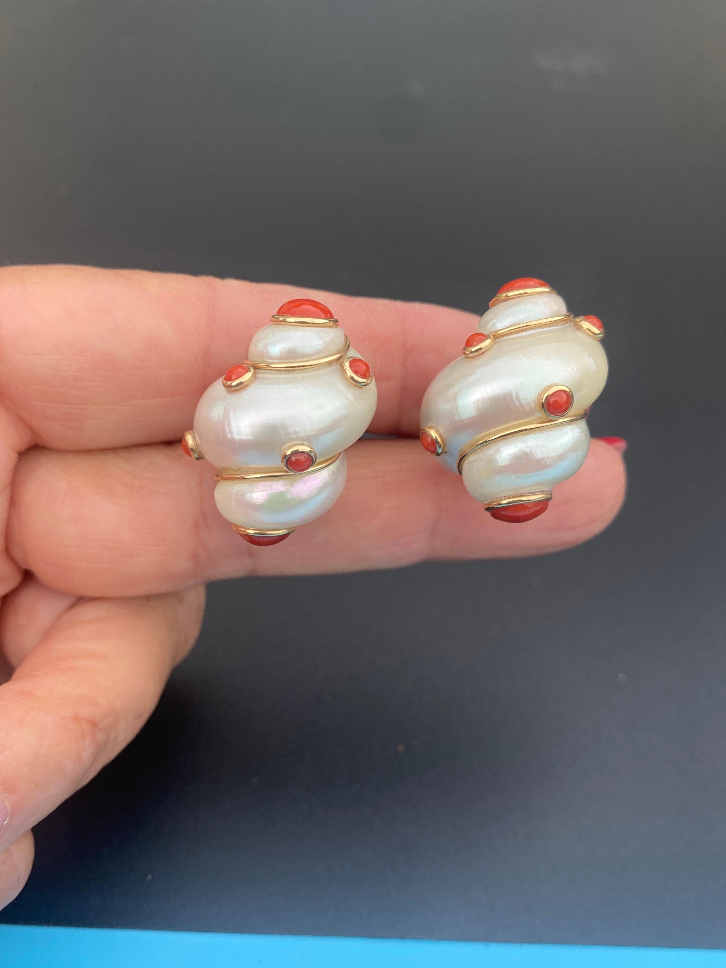 Artisan 14k Conch Shell Coral Pearl Earrings