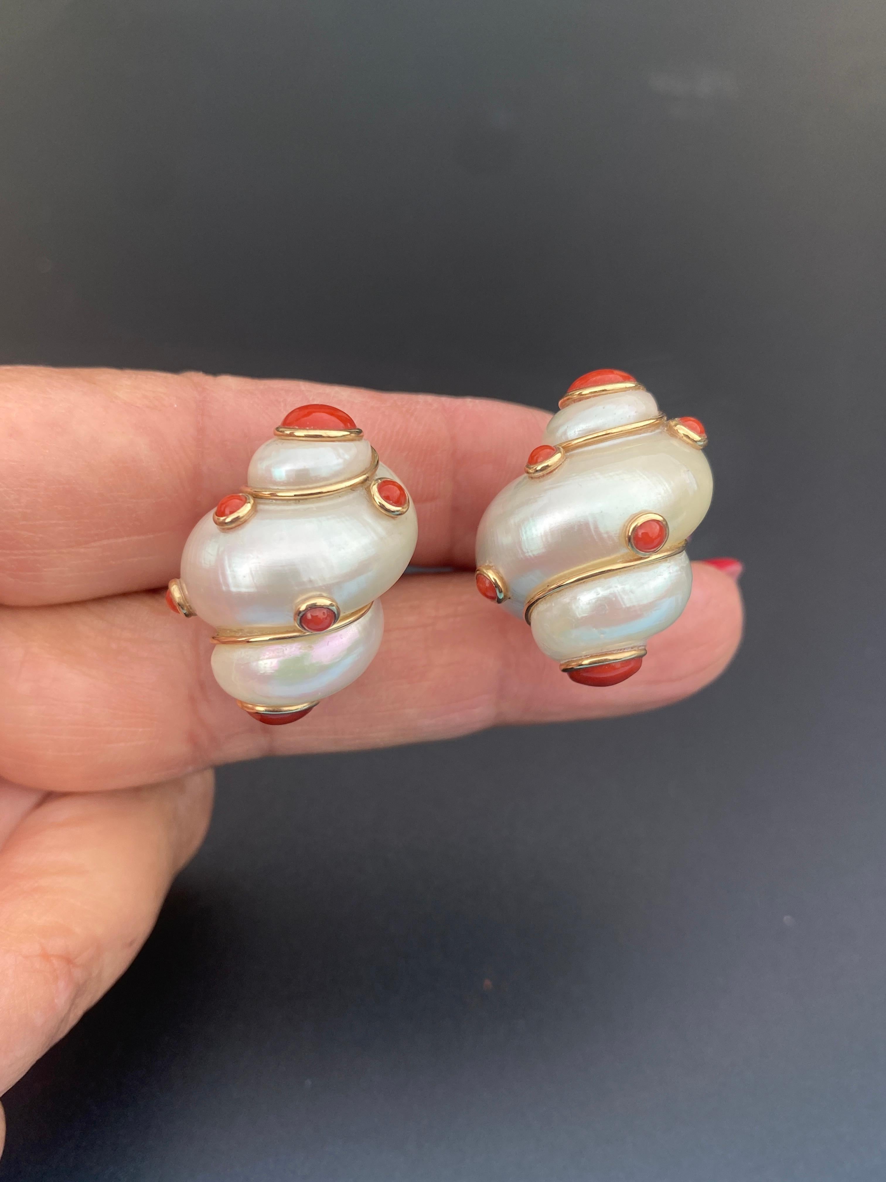 Oval Cut 14k Conch Shell Coral Pearl Earrings