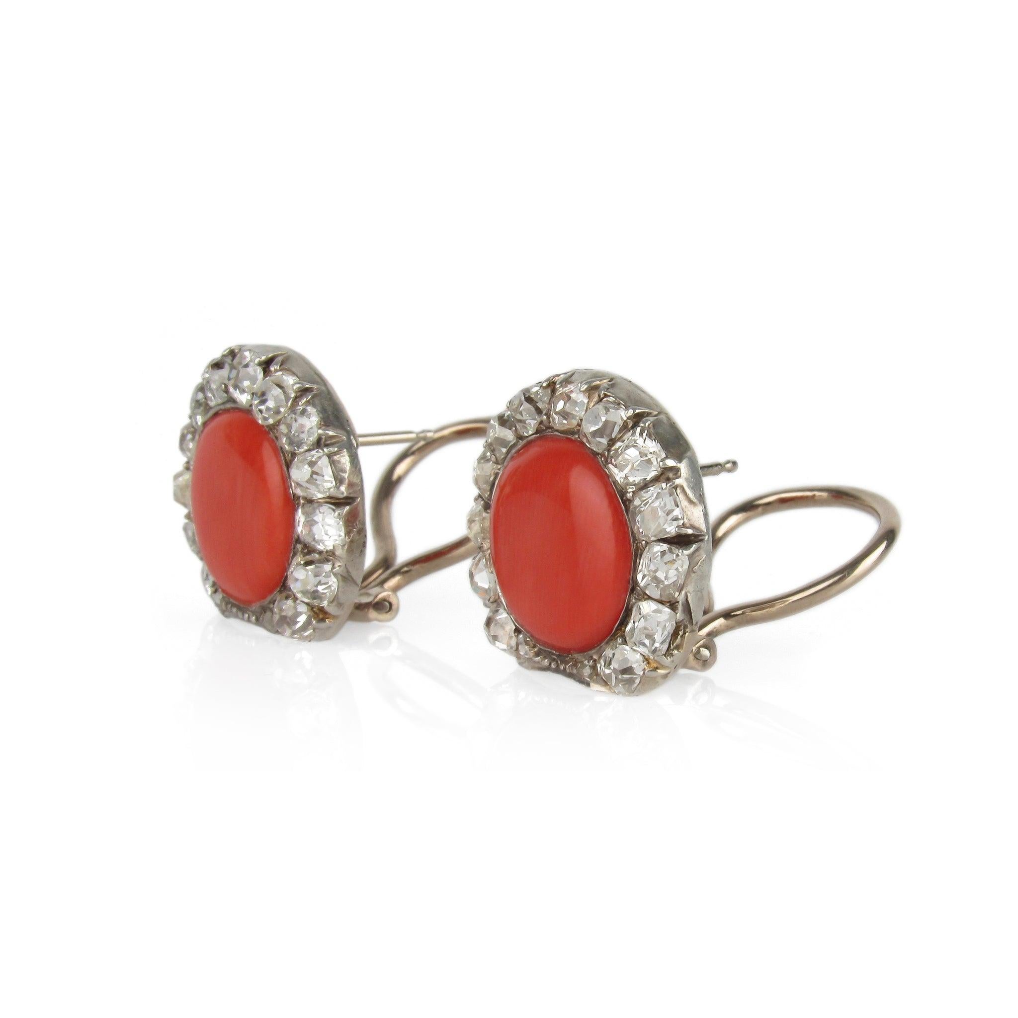 Victorian 14K Coral and Old Cut Diamond Conversion Earrings For Sale