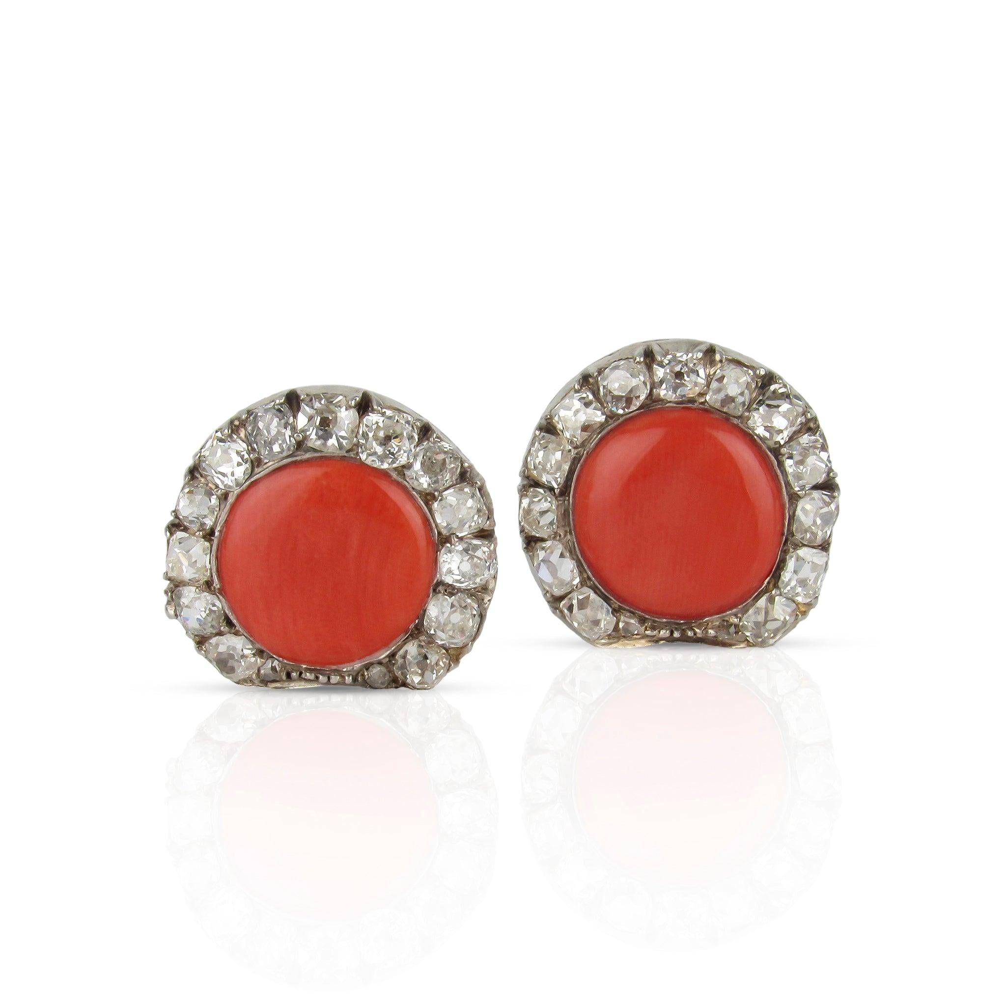 Antique Cushion Cut 14K Coral and Old Cut Diamond Conversion Earrings For Sale