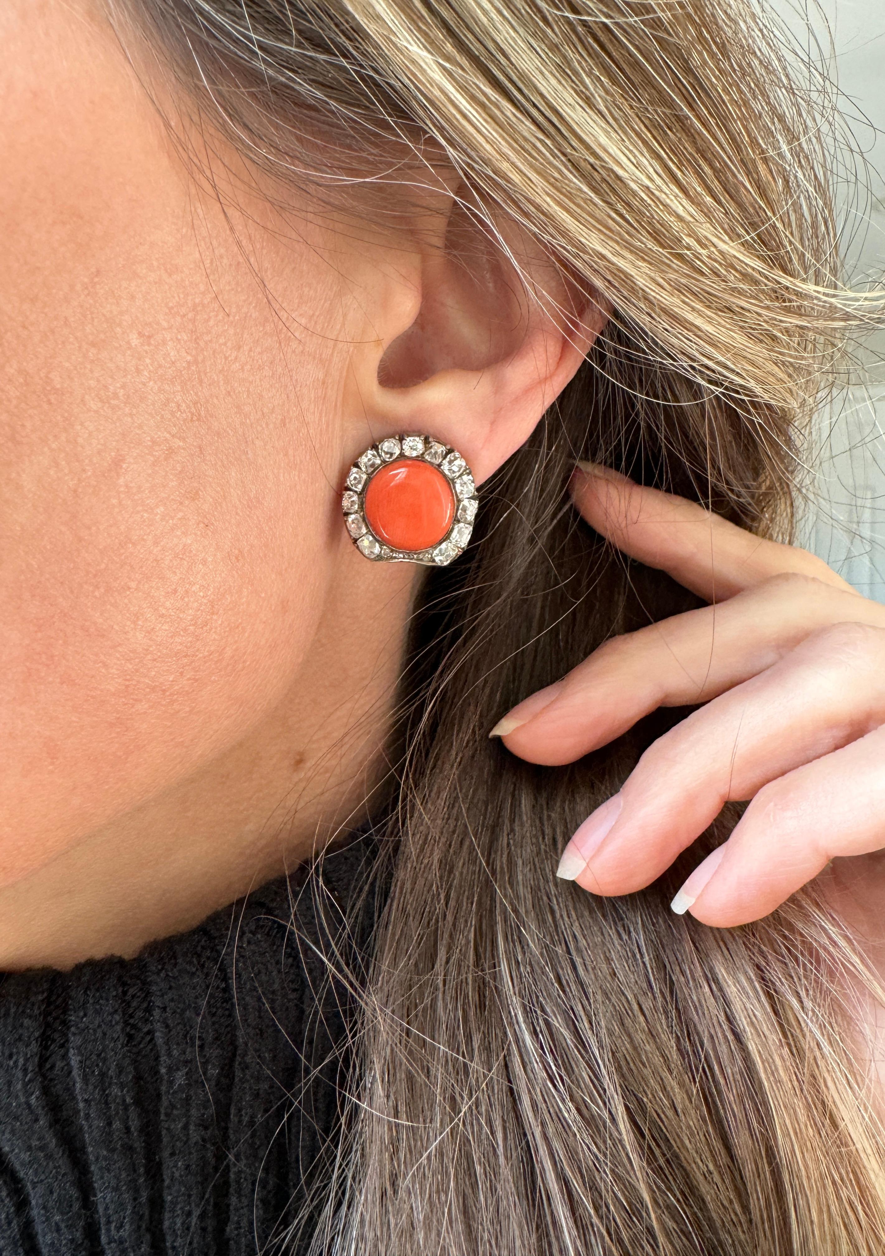 14K Koralle und Altschliff-Diamant Konvertierung Ohrringe im Zustand „Gut“ im Angebot in Hummelstown, PA