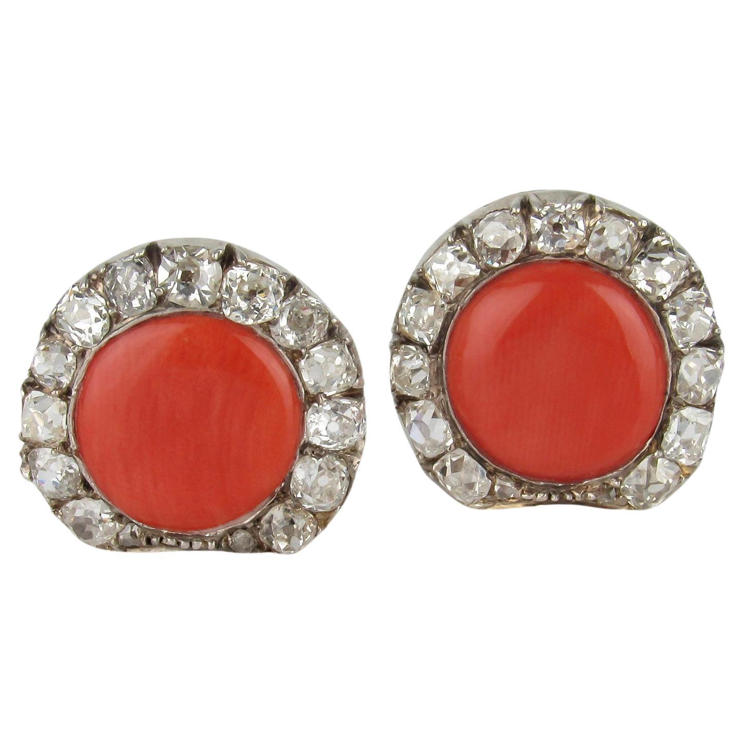 14K Coral and Old Cut Diamond Conversion Earrings For Sale