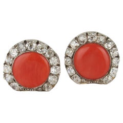Antique 14K Coral and Old Cut Diamond Conversion Earrings