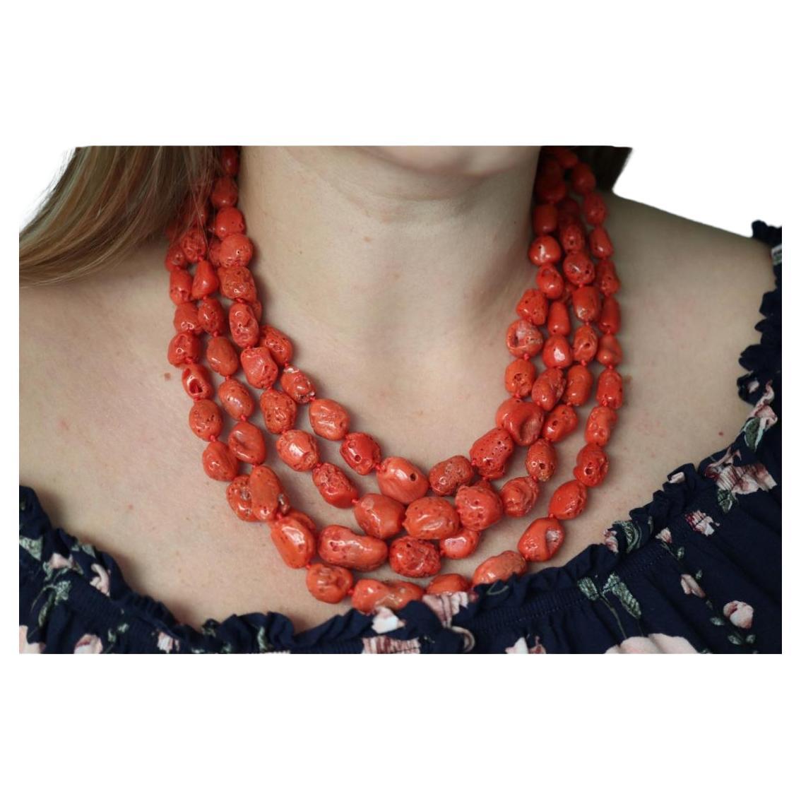 14k Coral Bead Necklace. Multi-Strand Raw Coral beads. High Quality Coral