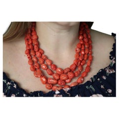 Collana di perle di corallo 14k. Perline di corallo grezzo a più fili. Corallo di alta qualità