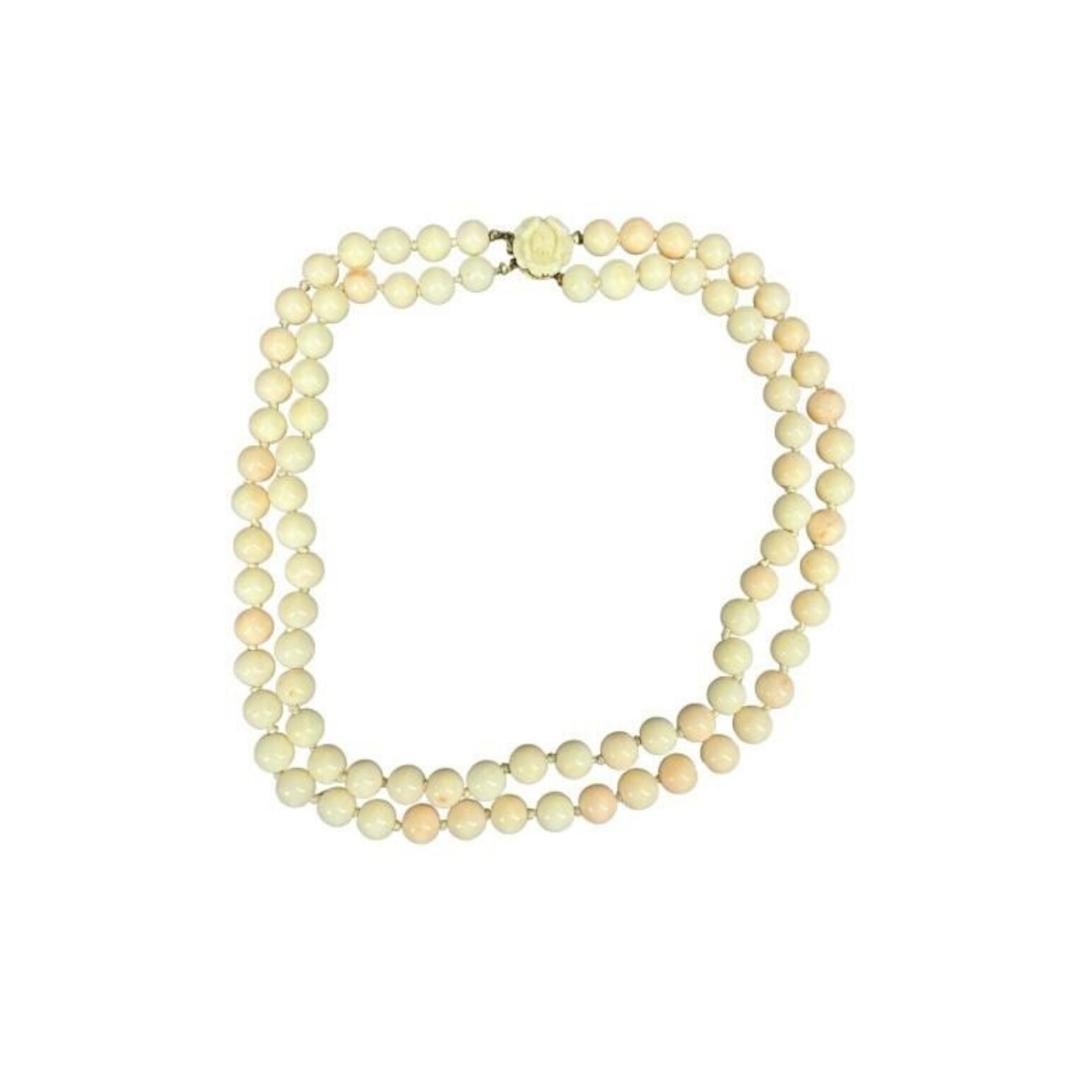 Round Cut 14k Coral Carved Angel Skin Salmon Bead Necklace. Two Strand Peach White Coral For Sale