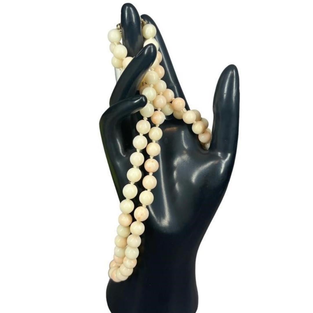 14k Coral Carved Angel Skin Salmon Bead Necklace. Two Strand Peach White Coral For Sale 1