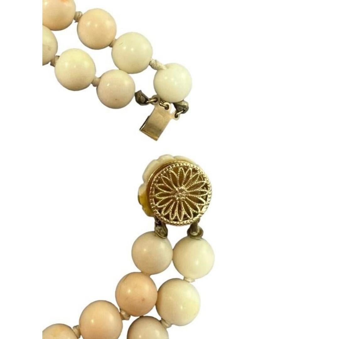 14k Coral Carved Angel Skin Salmon Bead Necklace. Two Strand Peach White Coral For Sale 2
