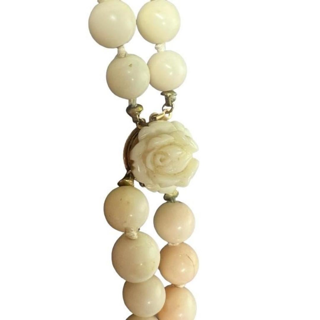 14k Coral Carved Angel Skin Salmon Bead Necklace. Two Strand Peach White Coral For Sale 3