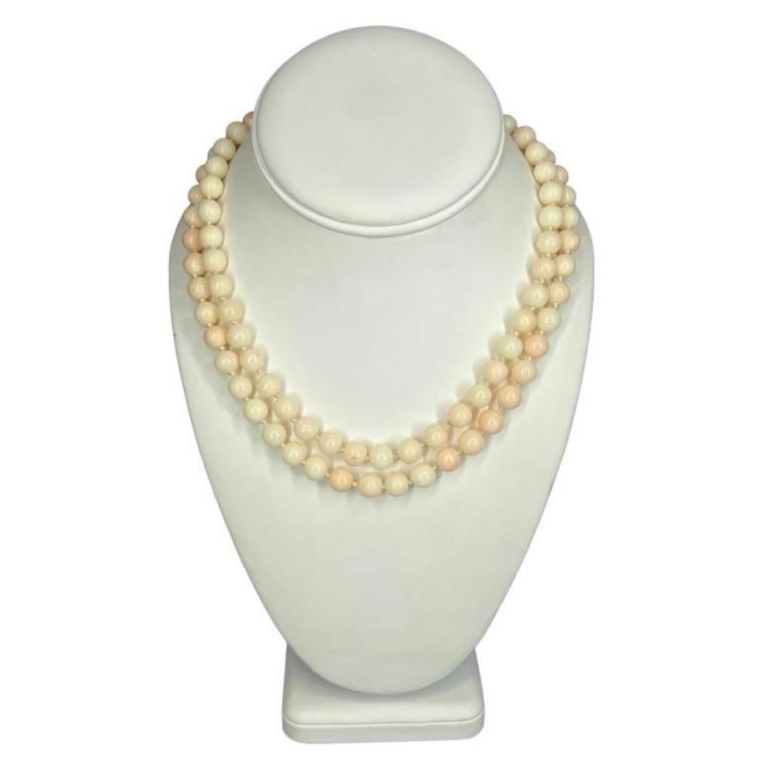 14k Coral Carved Angel Skin Salmon Bead Necklace. Two Strand Peach White Coral For Sale 4