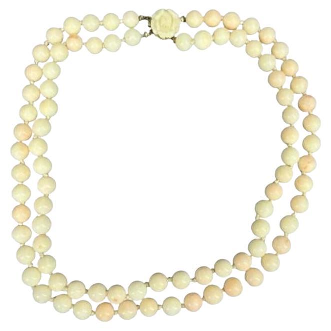 14k Coral Carved Angel Skin Salmon Bead Necklace. Two Strand Peach White Coral