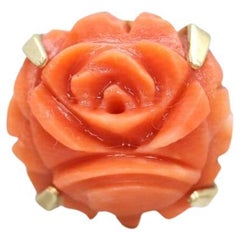 14k Coral Carved Pink Cabochon ring.14k CARVED Rose flower Peach Coral solitaire