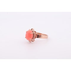 14k Coral Pink Cabochon ring. 14k yellow gold prong set angel skin salmon light