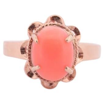 14k Coral Pink Cabochon ring. 14k yellow gold prong set angel skin salmon light