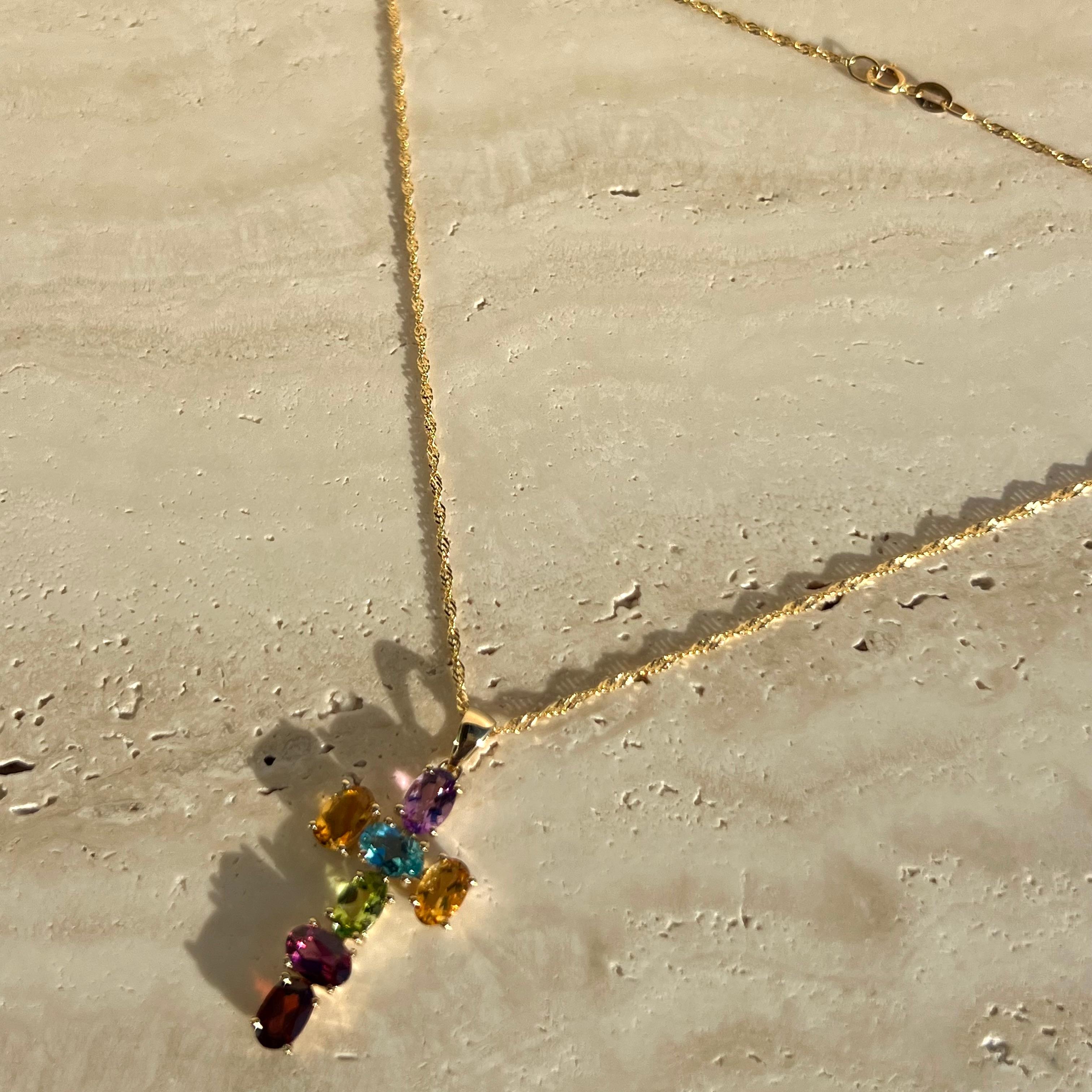 Modern 14k Yellow Gold Gemstone Cross Necklace