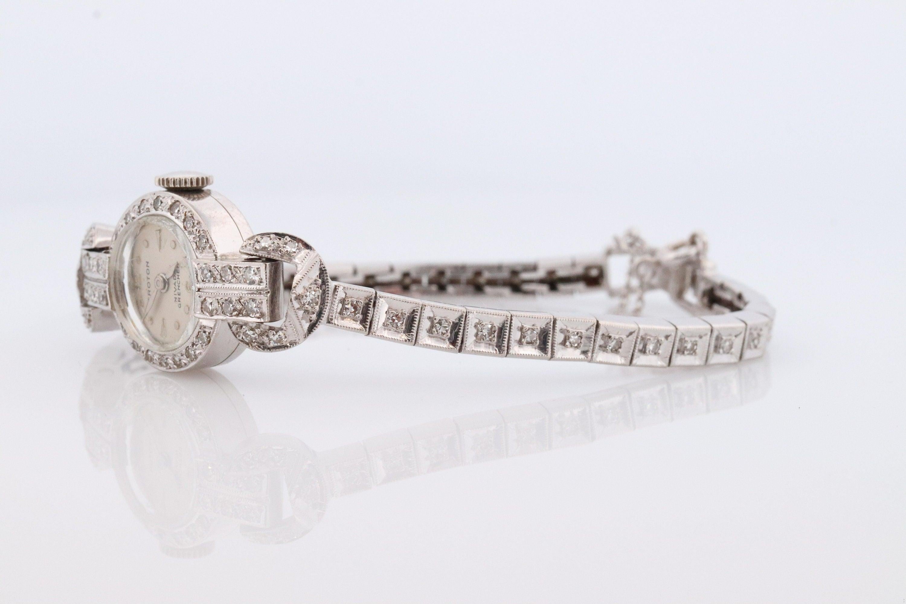 Women's 14k CROTON Nivada Grenchen LADIES wrist watch. 14k Manual watch with diamonds. For Sale