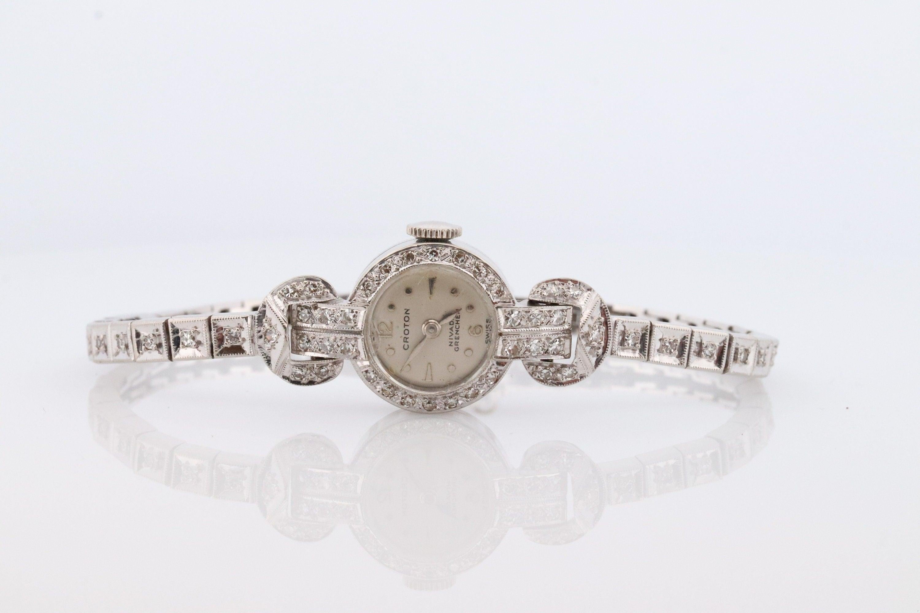 14k CROTON Nivada Grenchen LADIES wrist watch. 14k Manual watch with diamonds. For Sale 1
