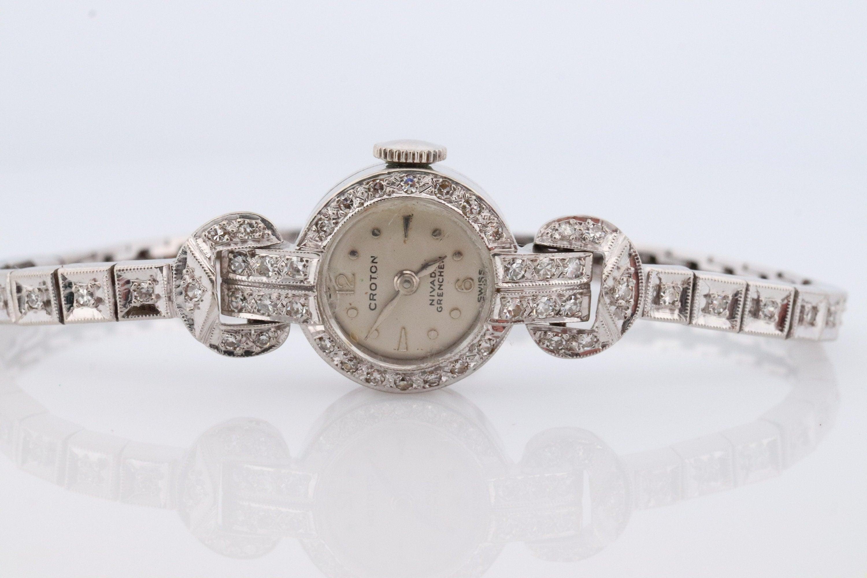 14k CROTON Nivada Grenchen LADIES wrist watch. 14k Manual watch with diamonds. For Sale 2