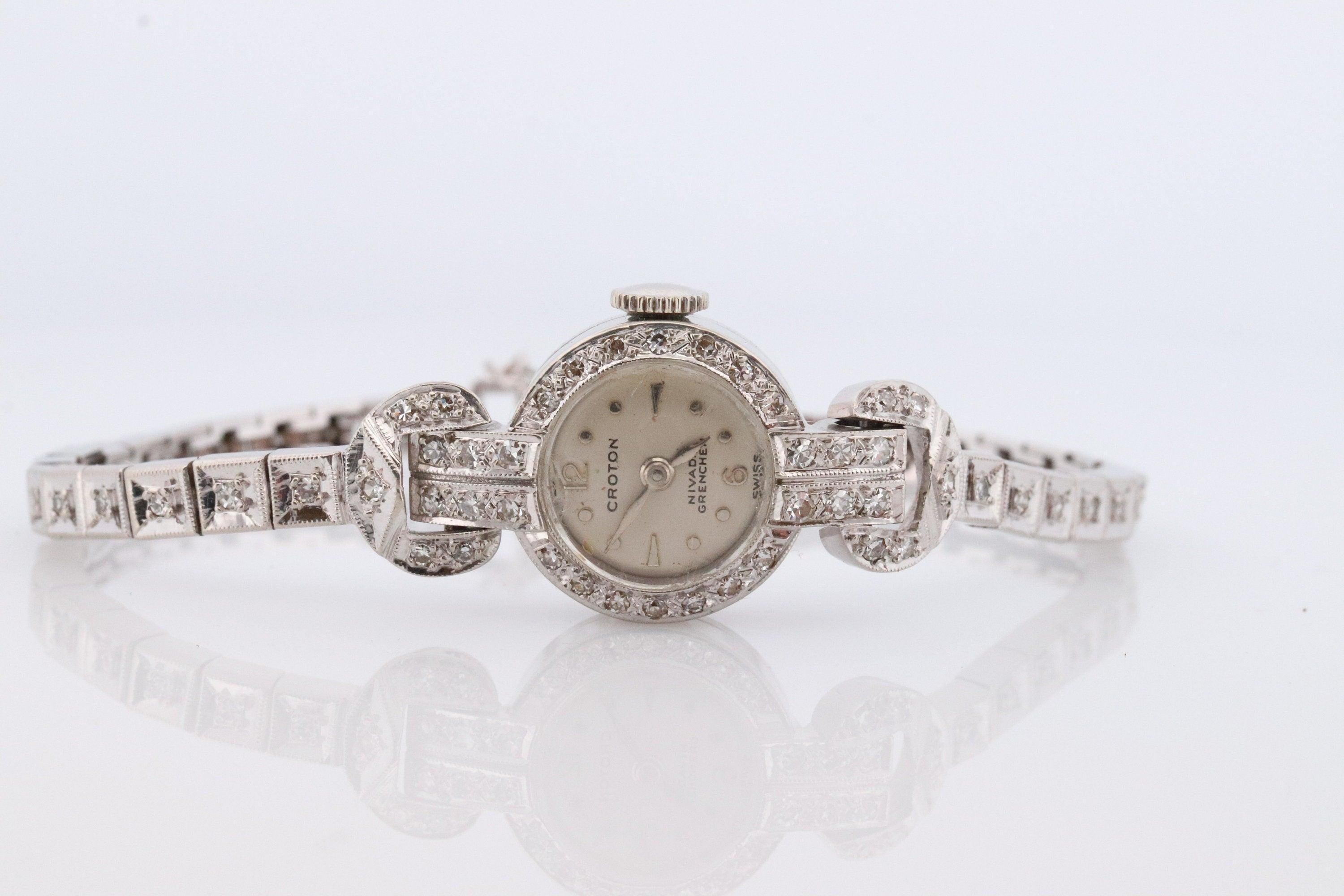 14k CROTON Nivada Grenchen LADIES wrist watch. 14k Manual watch with diamonds. For Sale 3