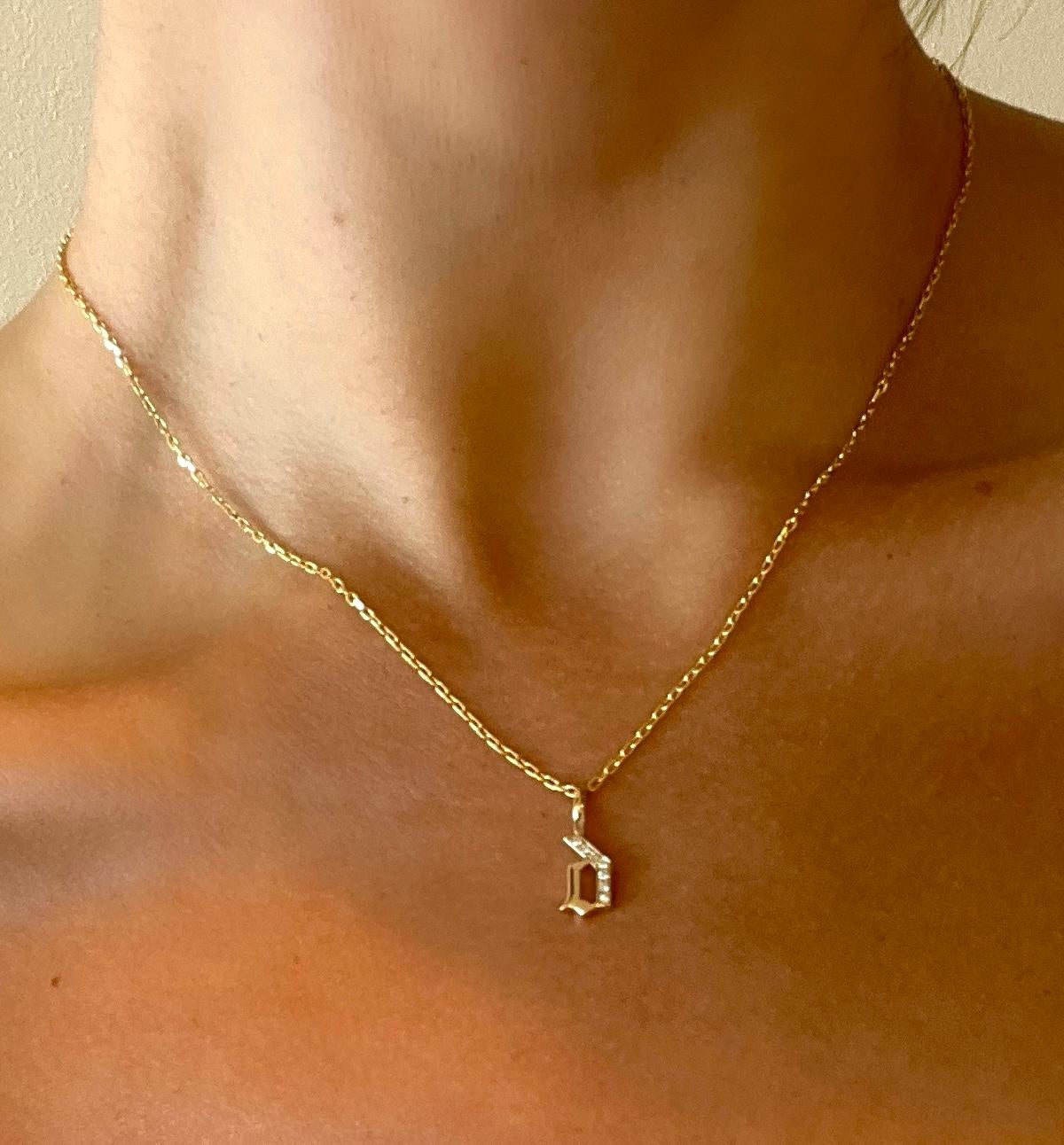 Round Cut 14k “D” Initial Pendant on Diamond Clasp Chain by Series of Eleven For Sale