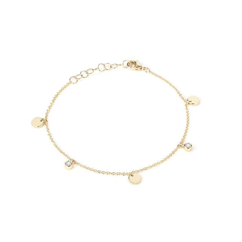 Taglio rotondo Charm a disco con diamante Bracciale a catena in oro giallo 14K in vendita
