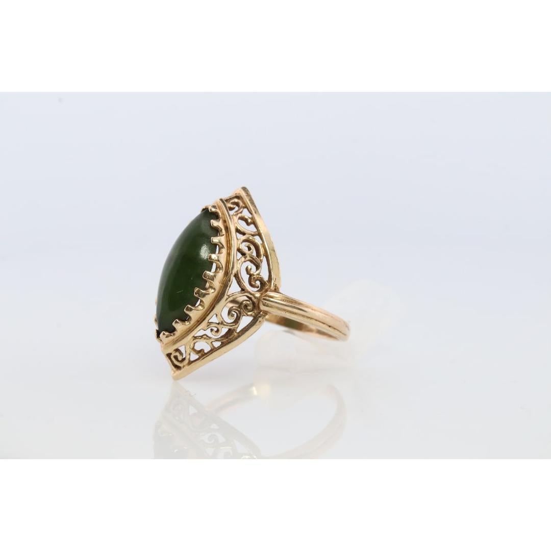 Vintage from the 1990s
Materials: Stone
Gemstone: Jade
Gem color: Green
Style: Minimalist
Wonderful Dark Green Jade Cabochon ring. Jade is dark green color. Bezel set.


3.4grams total weight
15mm by 7mm marquise cabochon
Hallmarked and tested