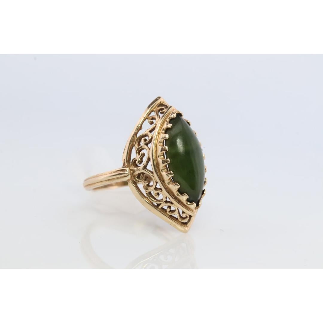 Women's or Men's 14k Dark Green Jade Jadeite ring. Marquise cut green Jade cabochon ring. Open For Sale