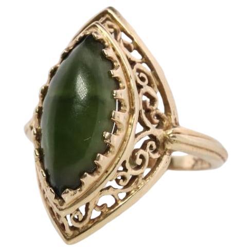 14k Dark Green Jade Jadeite ring. Marquise cut green Jade cabochon ring. Open