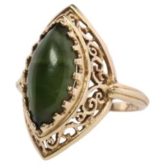 14k Dark Green Jade Jadeite ring. Marquise cut green Jade cabochon ring. Open